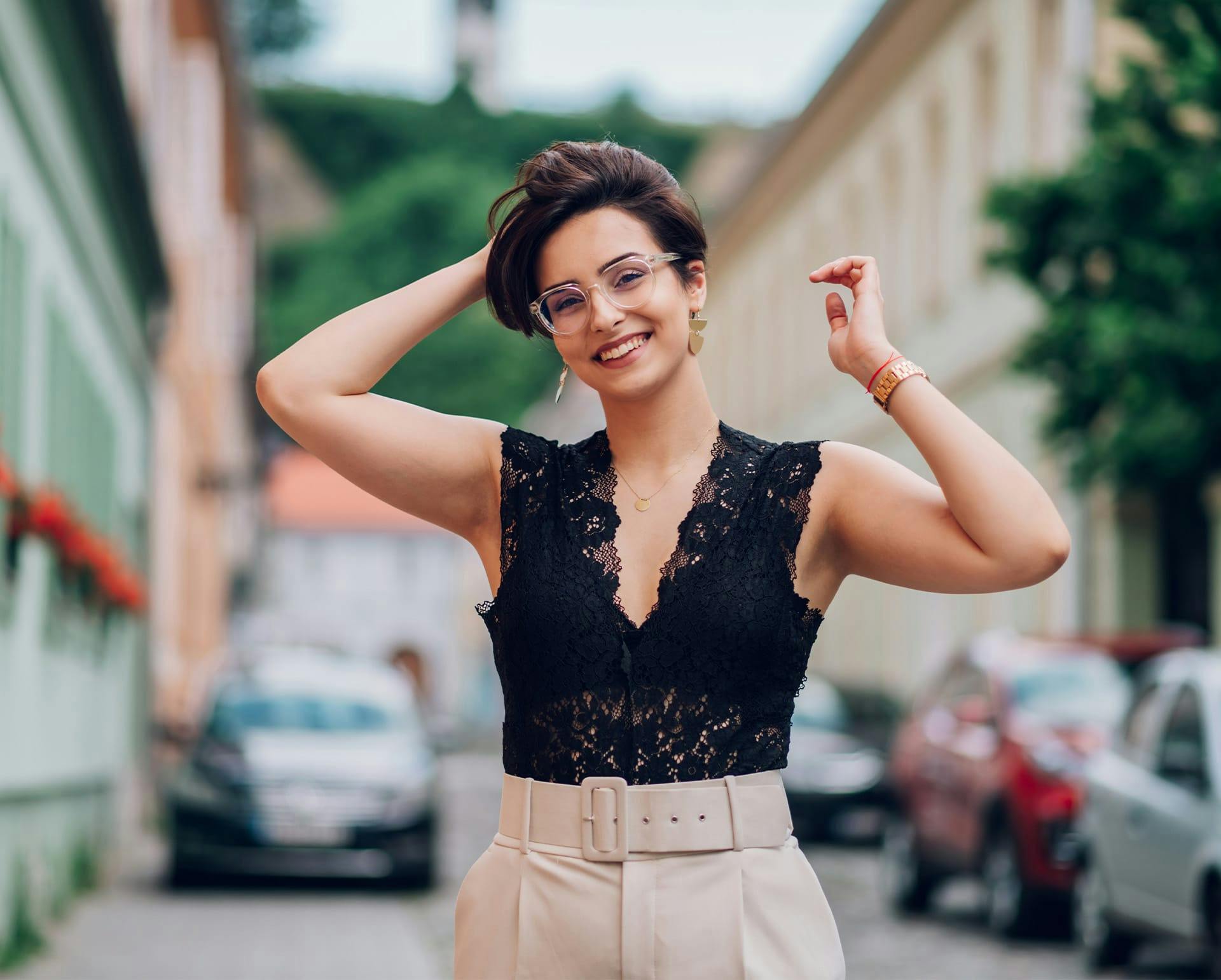 Woman in a black lace top