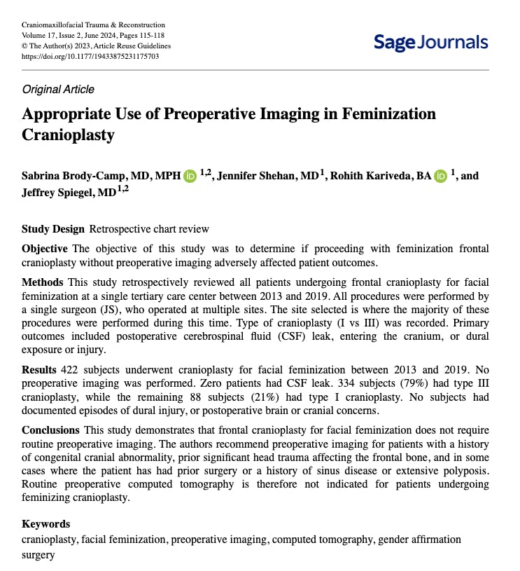 Dr. Spiegel Featured in SageJournals on Forehead Contouring Preoperative Imaging