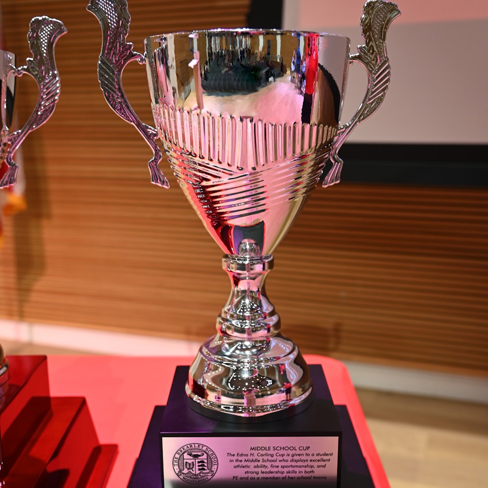 A closeup of the Carling Cup, the athletic award given to middle School athletes