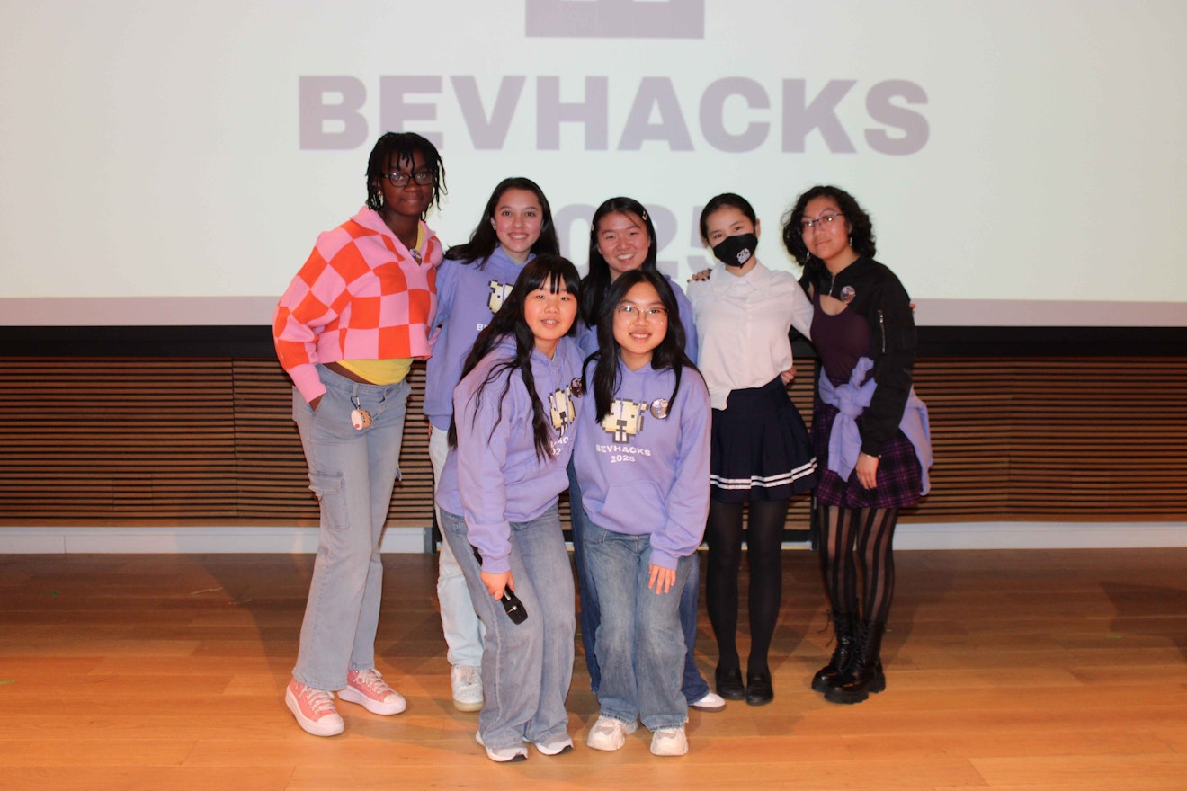 A proud and happy group of Upper School students at BevHacks, Brearley's annual hackathon.