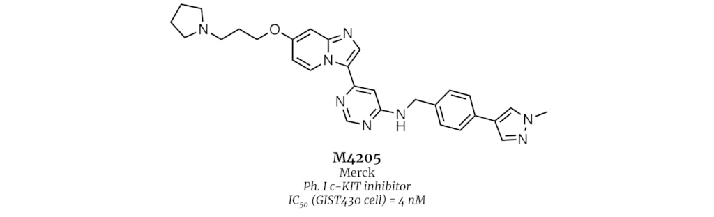 M4205
Merck
Ph. I c-KIT inhibitor
IC50 (GIST430 cell) = 4 nM