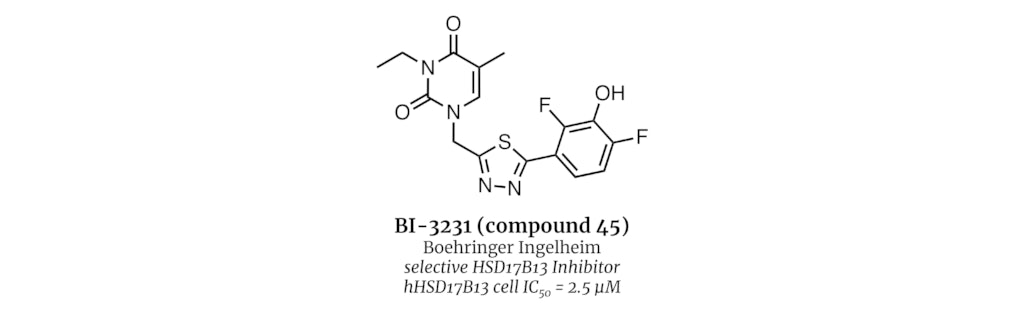 BI-3231
Boehringer Ingelheim
selective HSD17B13 Inhibitor
hHSD17B13 cell IC50 = 2.5 µM