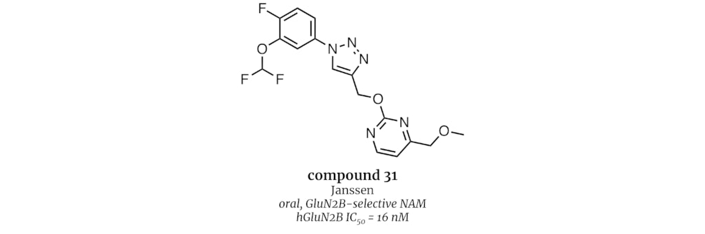 compound 31 
Janssen
oral, GluN2B-selective NAM
hGluN2B IC50 = 16 nM