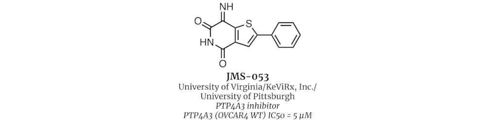 JMS-053
University of Virginia/KeViRx, Inc./University of Pittsburgh
PTP4A3 inhibitor
PTP4A3 (OVCAR4 WT) IC50 = 5 µM