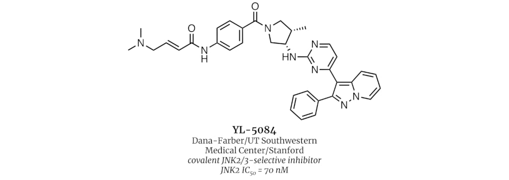 YL-5084
Dana-Farber/UT Southwestern Medical Center/Stanford
covalent JNK2/3-selective inhibitor
JNK2 IC50 = 70 nM