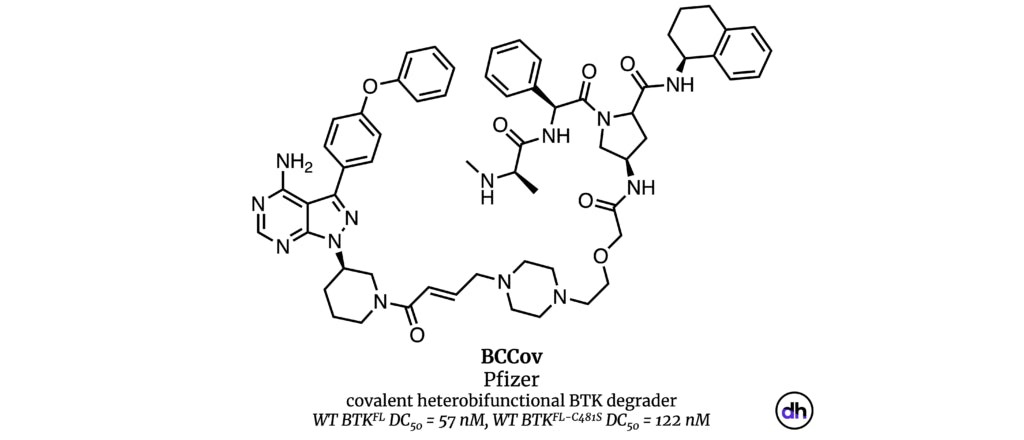 BCCov
Pfizer
covalent heterobifunctional BTK degrader
WT BTKFL DC50 = 57 nM, WT BTKFL-C481S DC50 = 122 nM