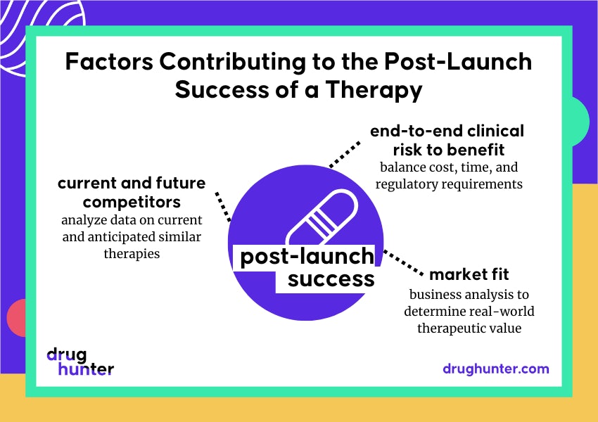 Factors contributing to the post-launch success of a therapy: end-to-end clinical risk to benefit, anticipating future competitors and understanding current ones, and understanding market fit of the therapy.