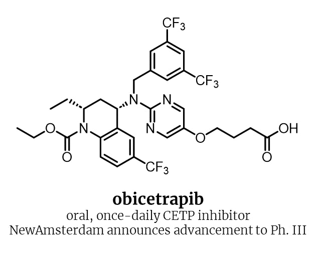 obicetrapib

oral, once-daily CETP inhibitor

NewAmsterdam announces advancement to Ph. III