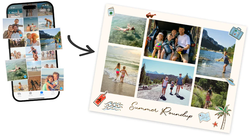 Phone camera roll transforming into a Summer Roundup photo card