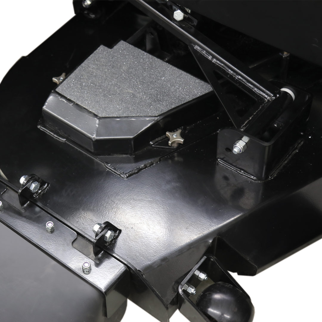 Strong mower deck, pulley covers, and anti-scalp wheels