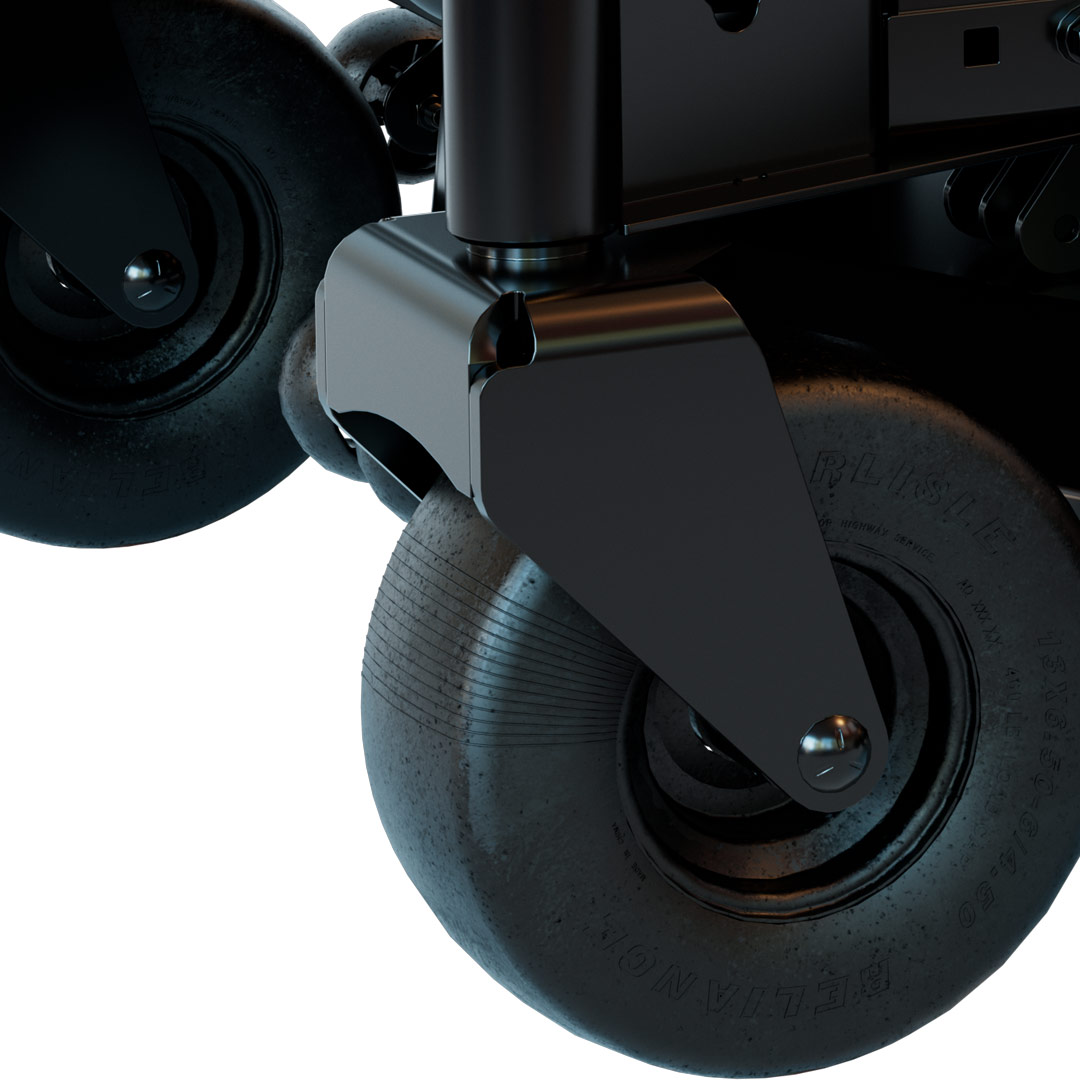 Durable commercial zero-turn mower flat-free tires, caster arm, and caster forks