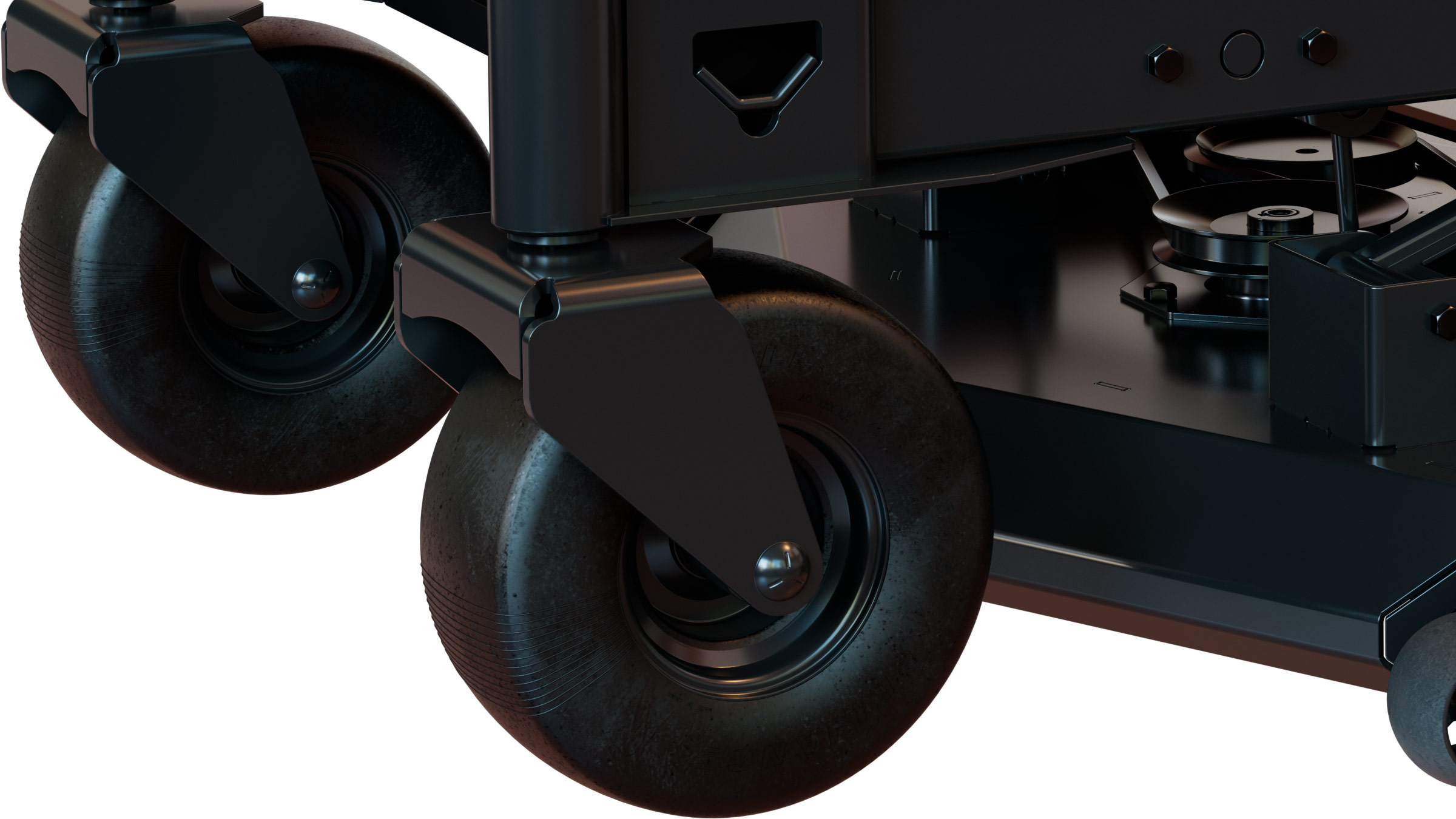 Zero-turn riding lawn mower deck and caster wheels
