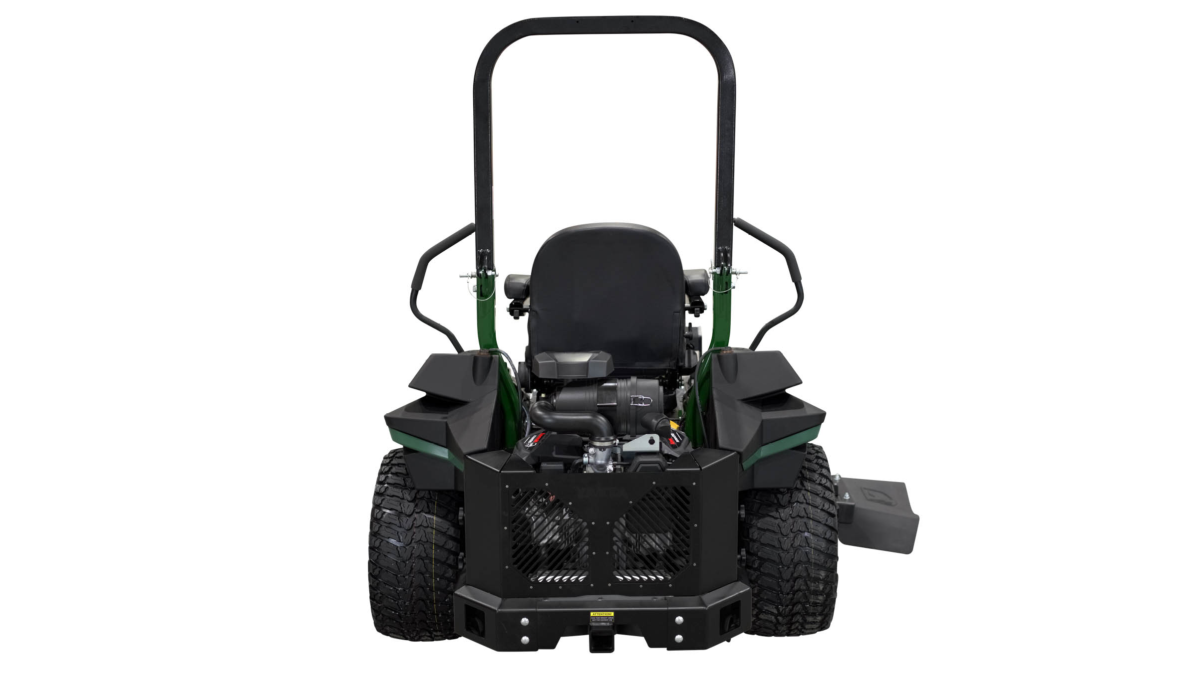 Zero-turn mower engine with guard and hitch receiver
