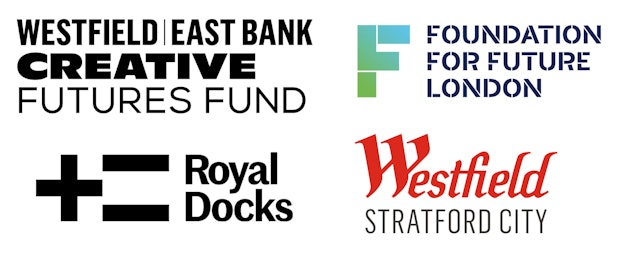 Logos for Westfield East Bank Creative Futures, Foundation for Future London, Royal Docks, Westfield Stratford City