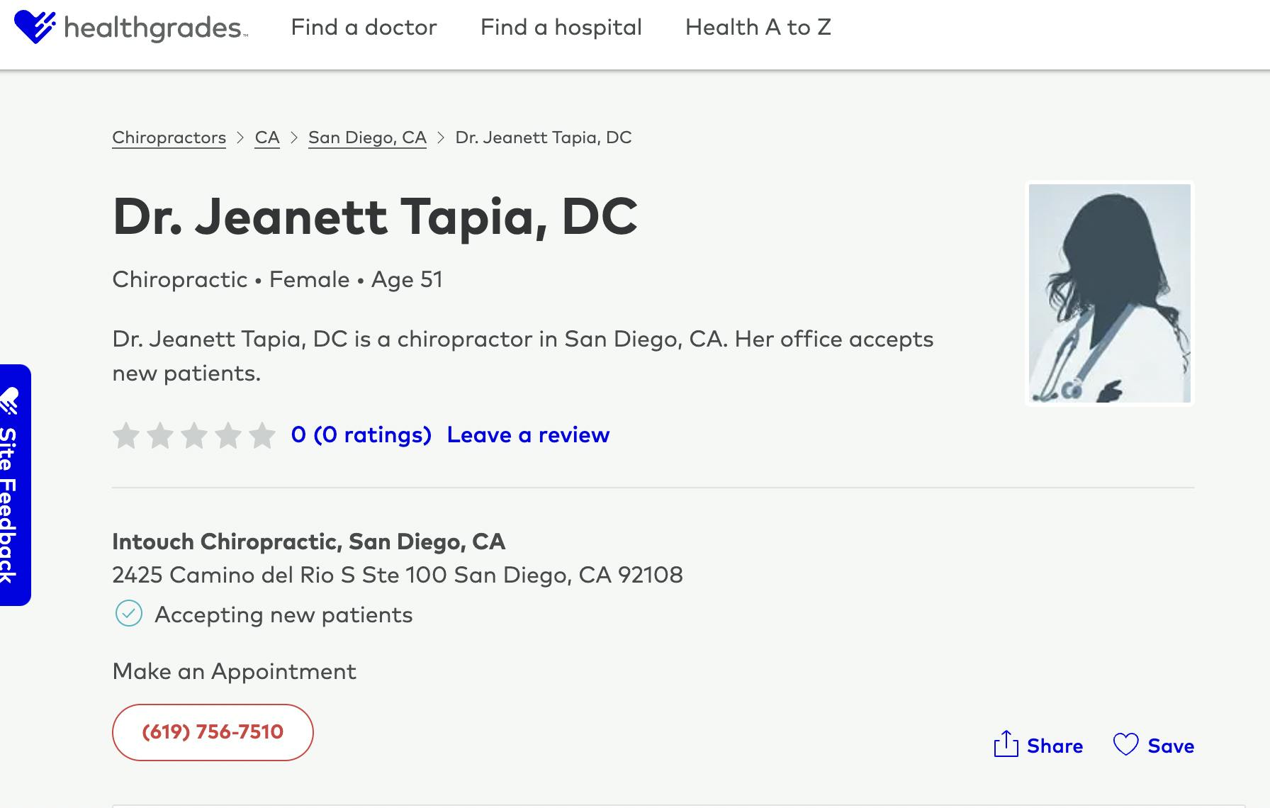 Dr. Jeanett Tapia's Healthgrades Rating Page