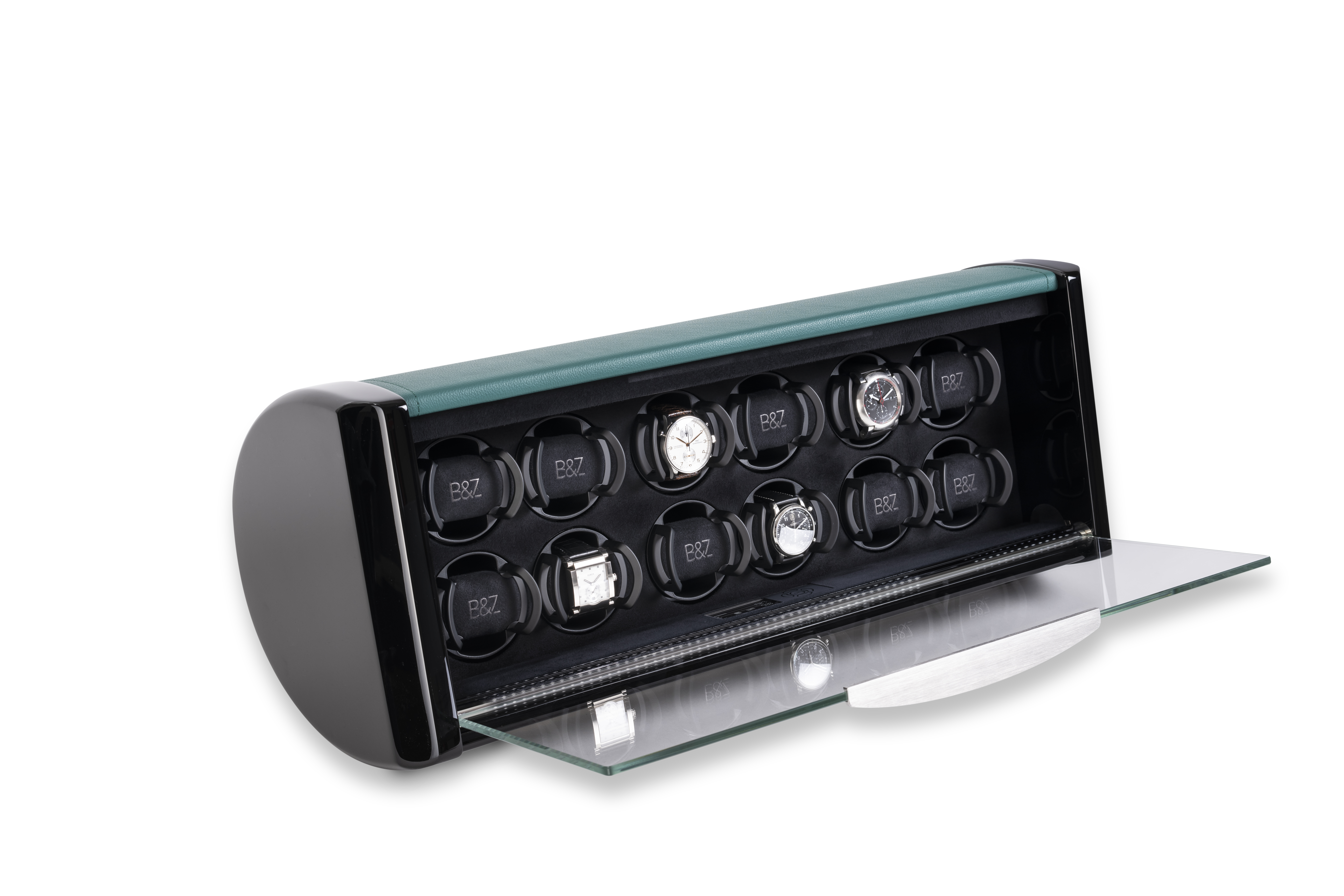 Open SPIRIT Watch Winder with 12 watch winders, green on top — BUBEN&ZORWEG