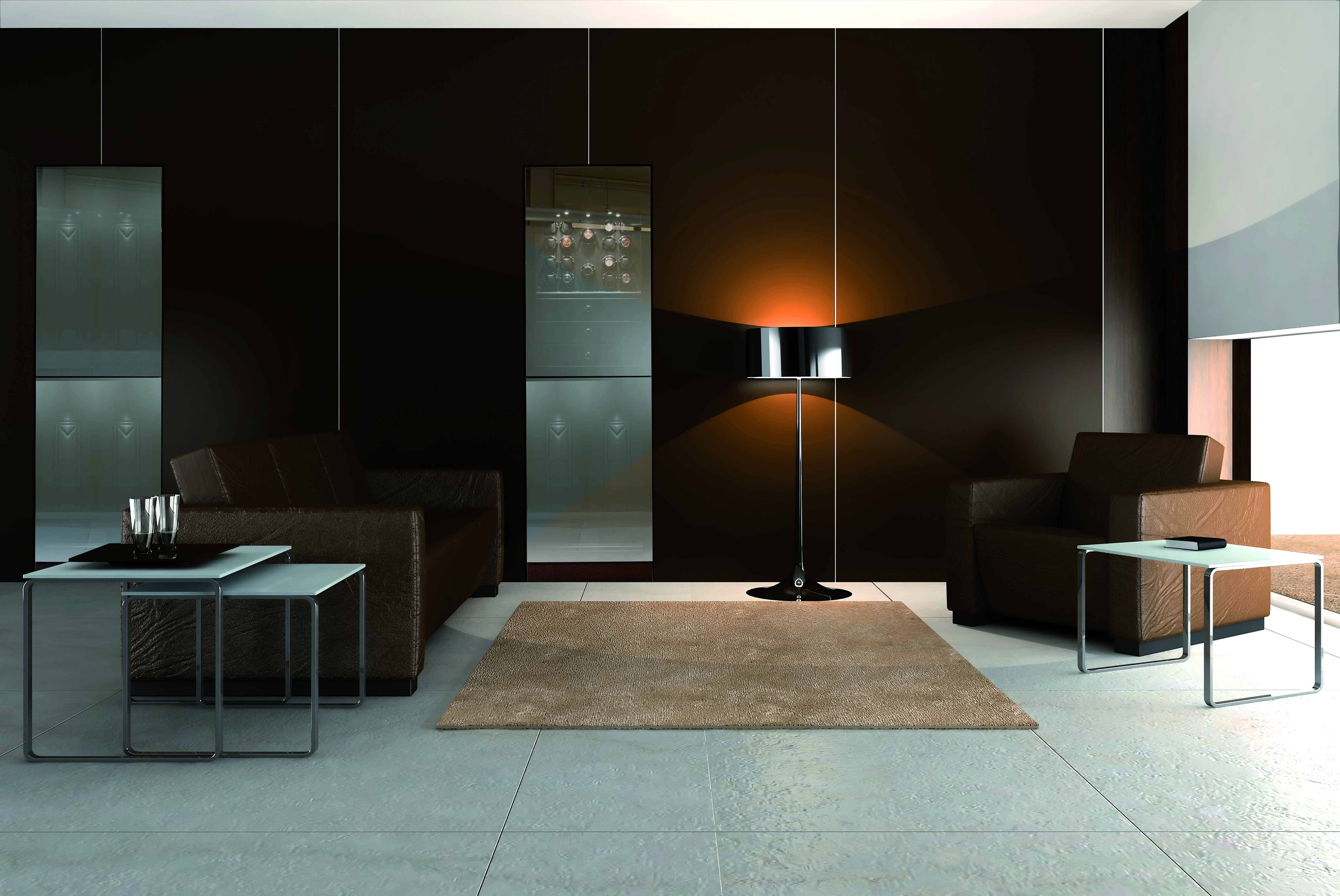 BUBEN&ZORWEG VISION high-security safe integrated into a modern living room, featuring a two-way mirror glass door and illuminated interior with watch winders. — BUBEN&ZORWEG