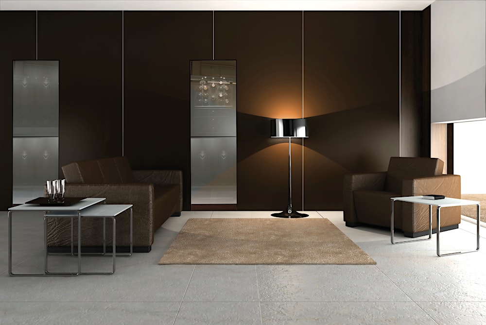 BUBEN&ZORWEG VISION high-security safe integrated into a modern living room, featuring a two-way mirror glass door and illuminated interior with watch winders. — BUBEN&ZORWEG