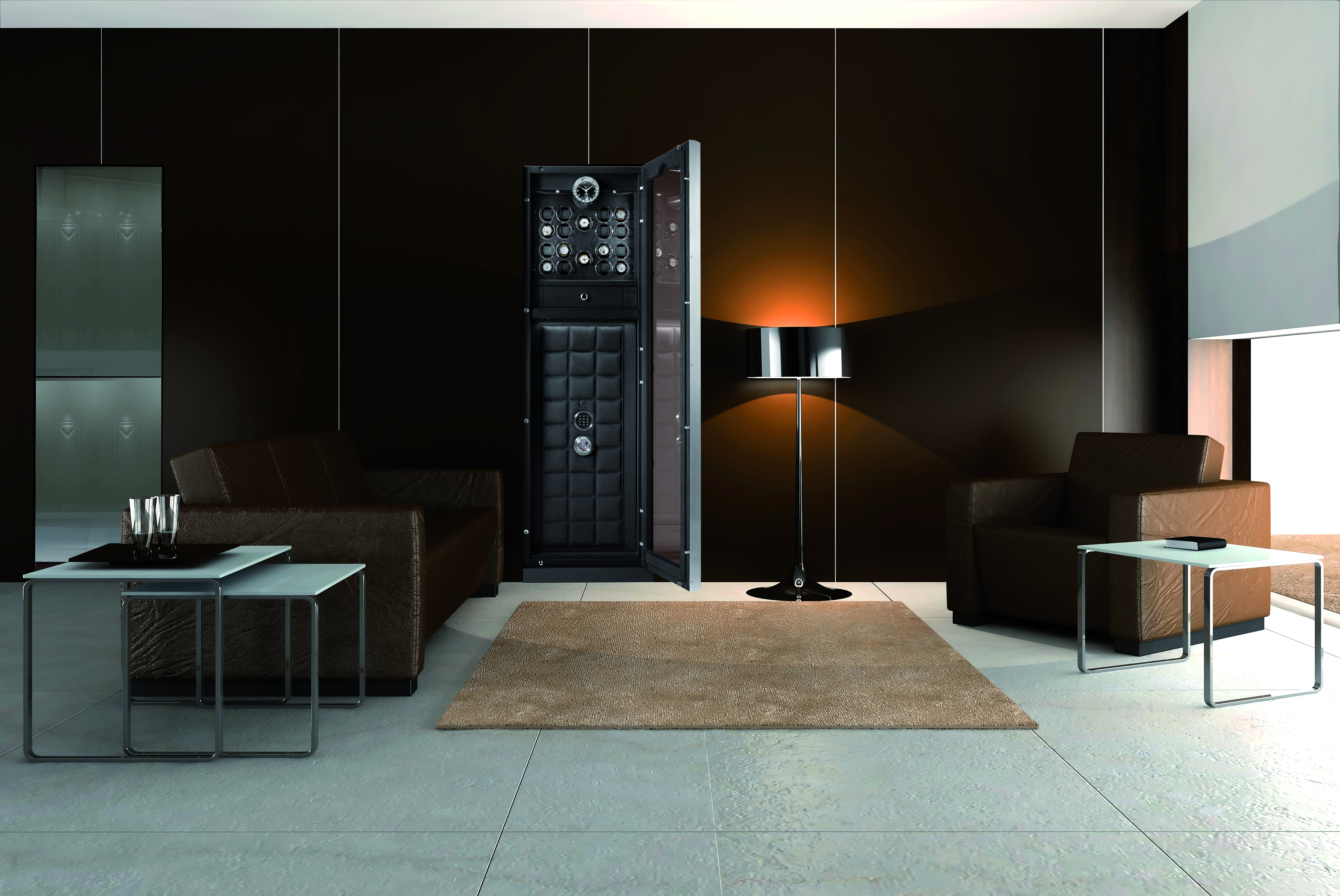 BUBEN&ZORWEG VISION 高安全性保险箱与现代起居室融为一体，展示了其带有照明内饰和多个手表上发条器的敞开式保险箱门。 — BUBEN&ZORWEG