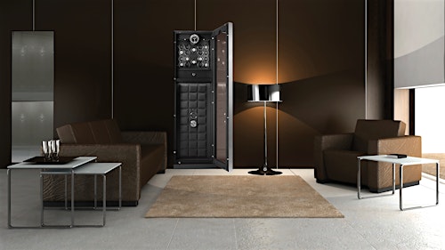 BUBEN&ZORWEG VISION high-security safe integrated into a modern living room, showcasing its open door with illuminated interior and multiple watch winders. — BUBEN&ZORWEG