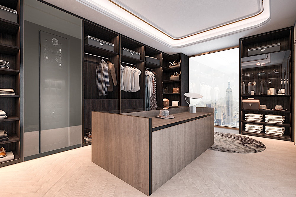BUBEN&ZORWEG VISION Hochsicherheitstresor nahtlos integriert in einen luxuriösen begehbaren Kleiderschrank mit atemberaubendem Stadtblick. — BUBEN&ZORWEG