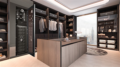 Open BUBEN&ZORWEG VISION high-security safe seamlessly integrated into a luxurious walk-in closet with a stunning city view. — BUBEN&ZORWEG