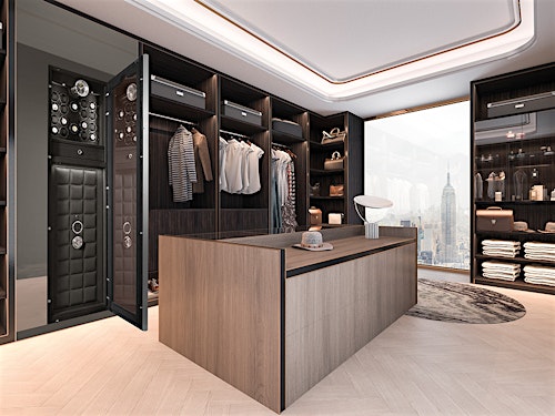 Open BUBEN&ZORWEG VISION high-security safe seamlessly integrated into a luxurious walk-in closet with a stunning city view. — BUBEN&ZORWEG