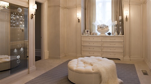 BUBEN&ZORWEG VISION high-security safe seamlessly integrated into an elegant dressing room, featuring a two-way mirror glass door and illuminated interior. — BUBEN&ZORWEG