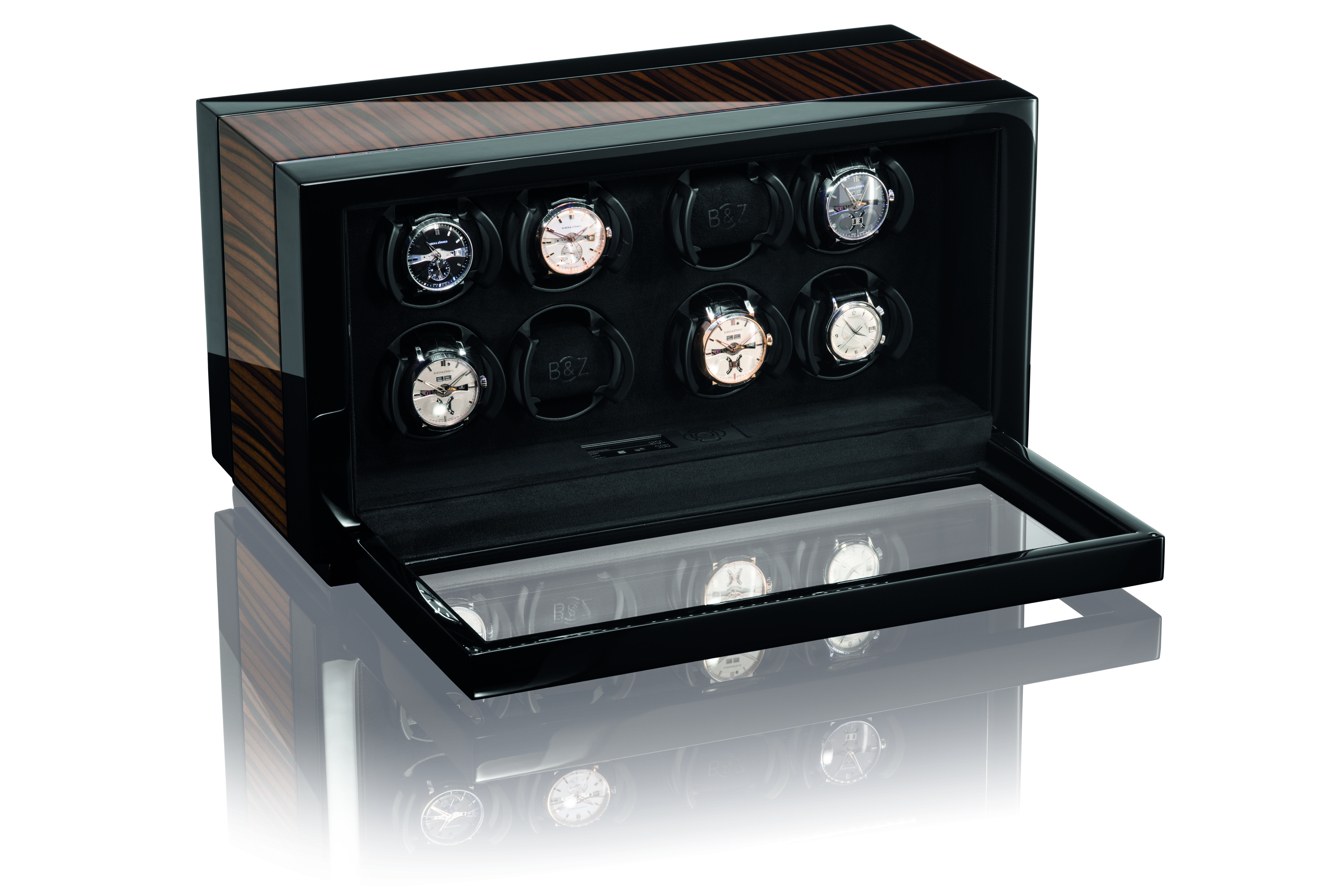 Vantage 8 Macassar open exposed interior and watches — BUBEN&ZORWEG