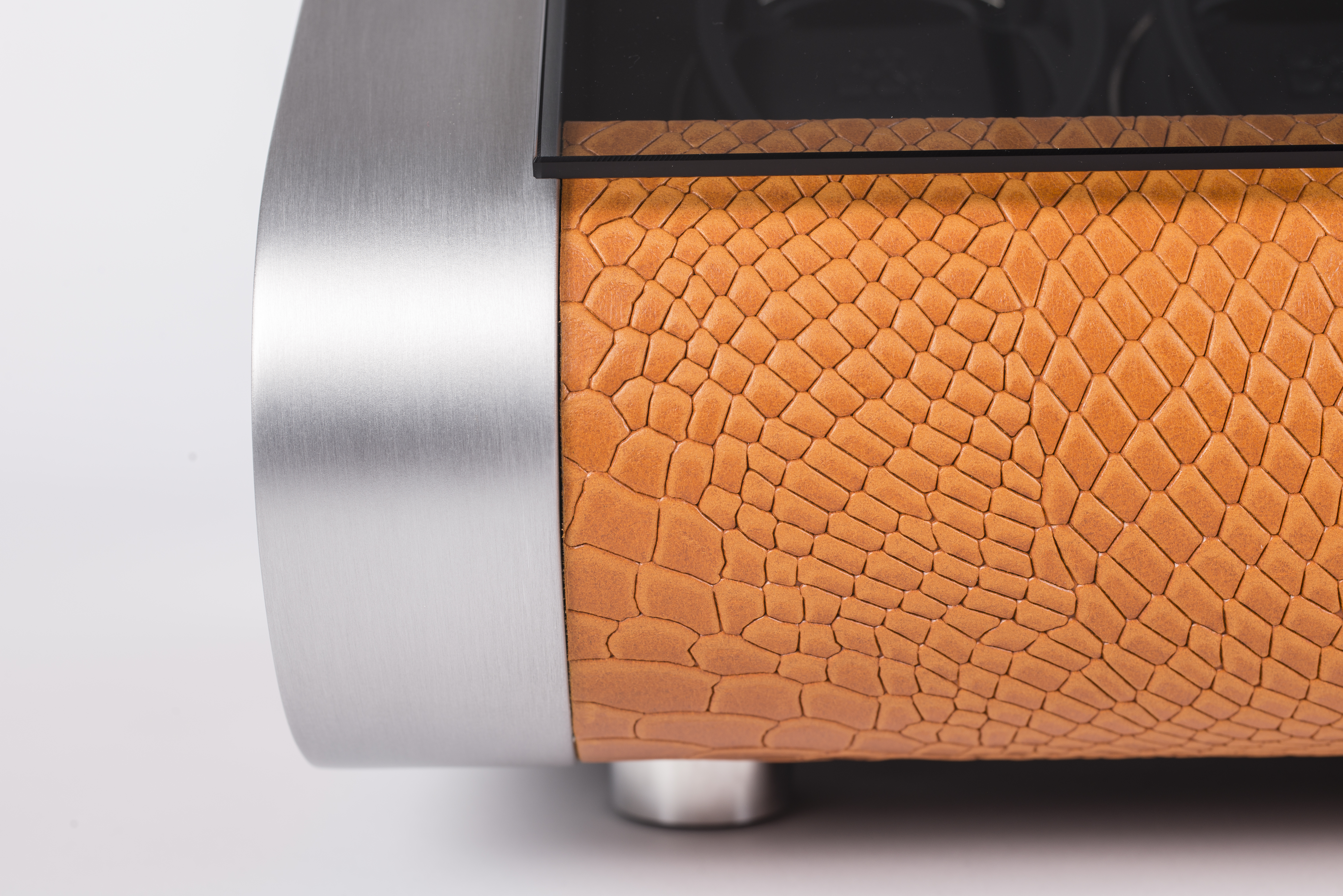REVOLUTION side detail in orange python-embossed leather and aluminium — BUBEN&ZORWEG