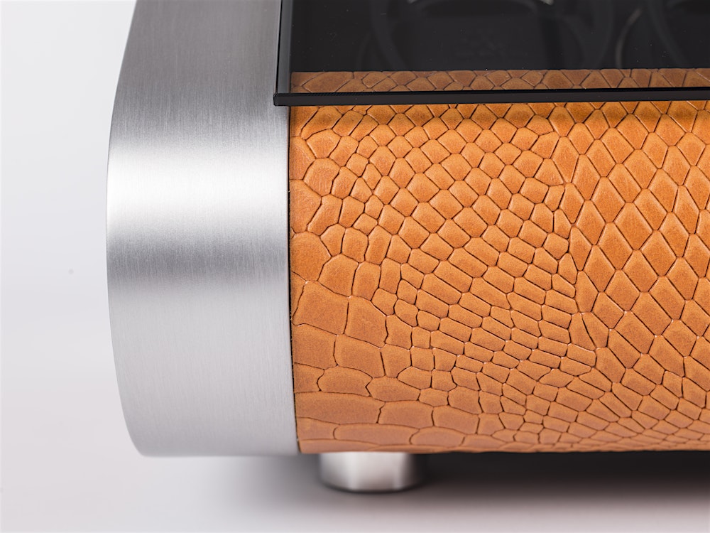 REVOLUTION side detail in orange python-embossed leather and aluminium — BUBEN&ZORWEG