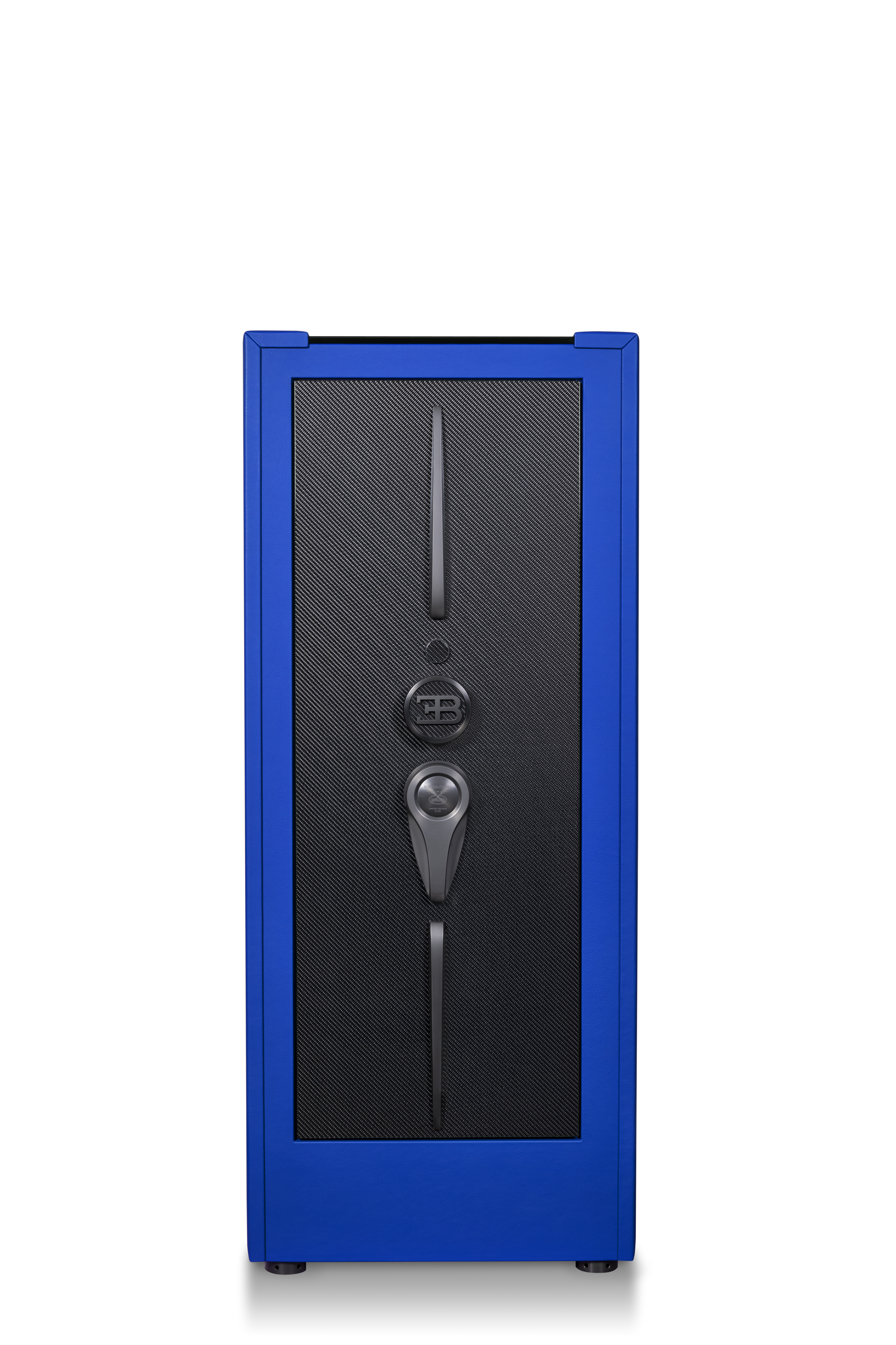 The Hyper Track High-Security Safe by Buben & Zorweg – a front view showcasing Pace Blue leather, carbon fiber details, and precision engineering inspired by Bugatti. — BUBEN&ZORWEG