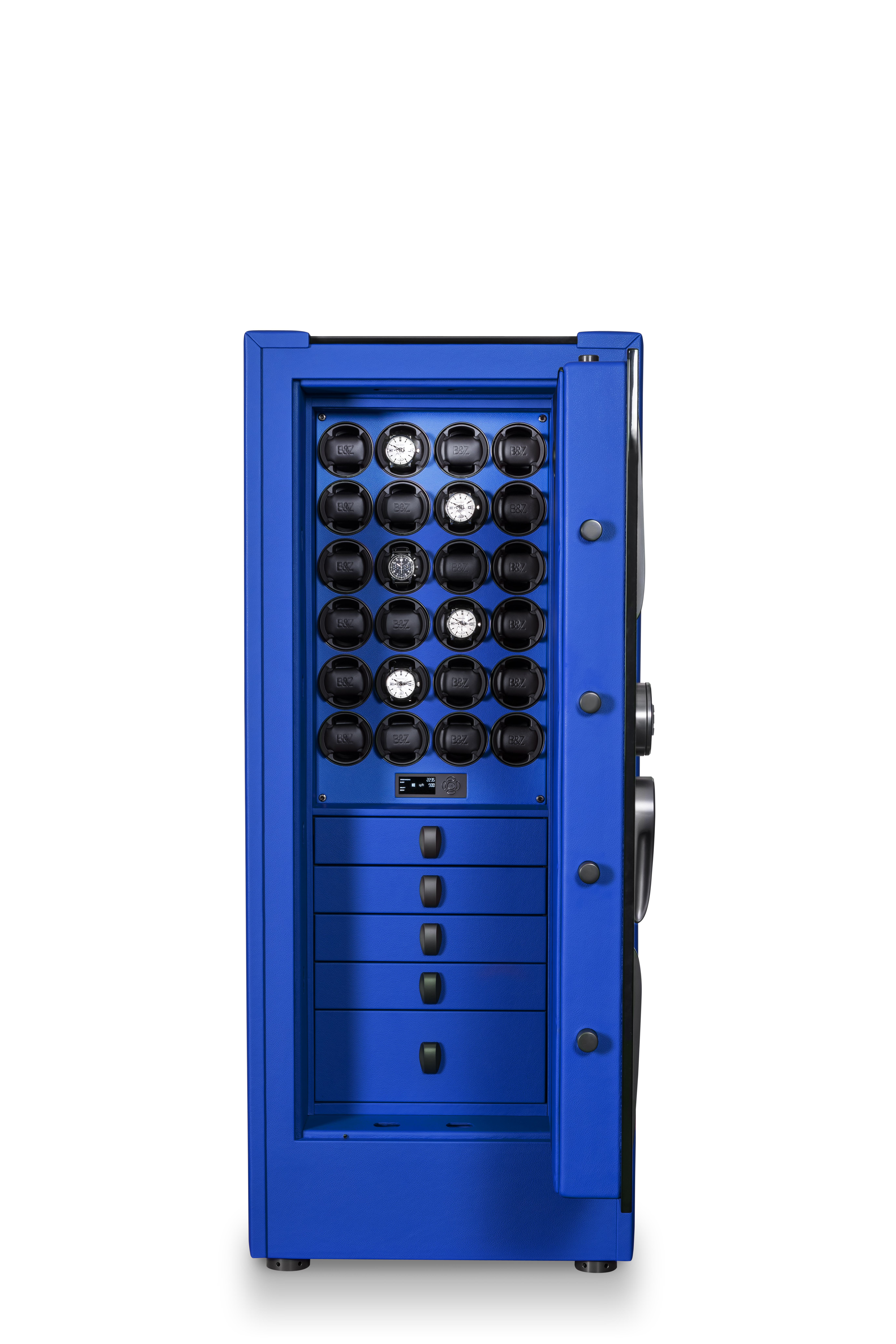 Interior perfection: The Hyper Track High-Security Safe by Buben & Zorweg, combining Pace Blue elegance with advanced watch winders and precision storage. — BUBEN&ZORWEG