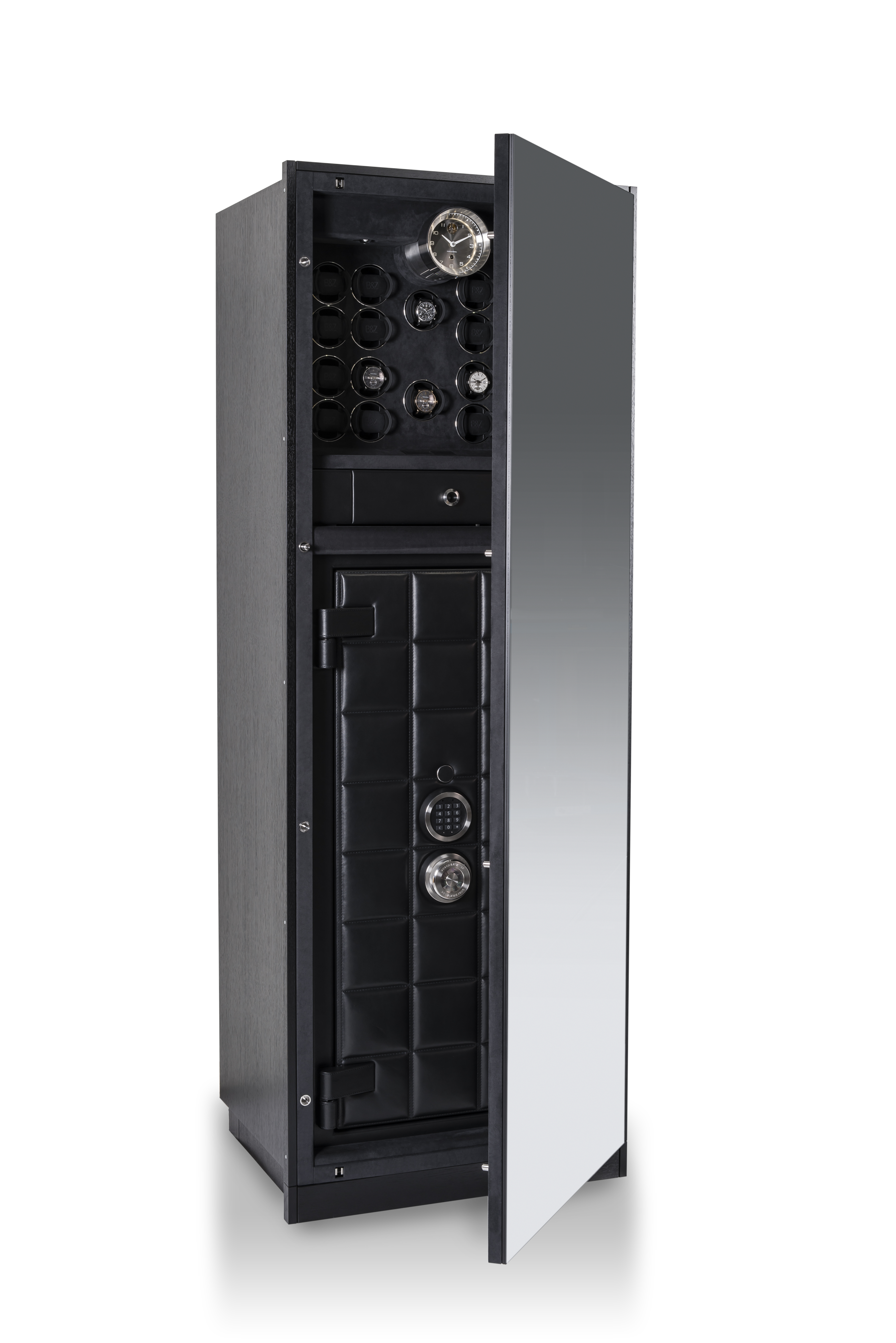 BUBEN&ZORWEG VISION 高安全性保险箱，箱门半开，内部设有照明设备，配有手表上发条装置和签名时钟。 — BUBEN&ZORWEG