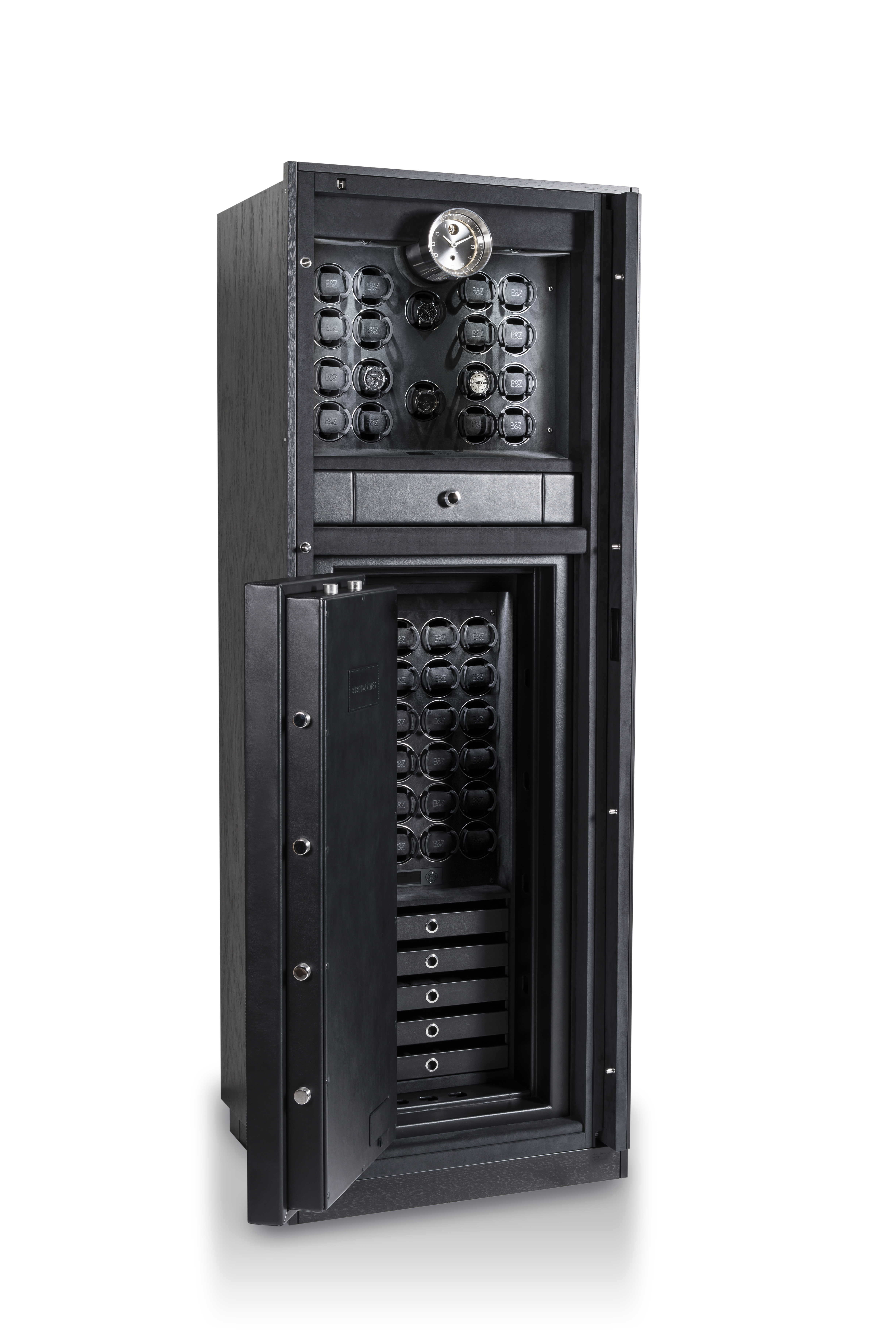 BUBEN&ZORWEG VISION 高安全性保险箱，主仓门和内仓门均可打开，显示带照明的内部，内有手表上发条器和签名时钟。 — BUBEN&ZORWEG