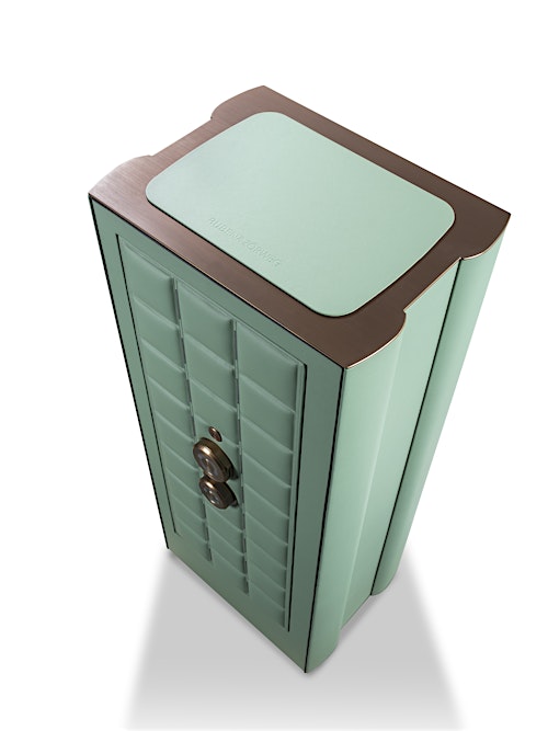 Top-down view of the BUBEN&ZORWEG ORION high-security safe in a mint green finish, featuring a quilted inner door panel and gold advanced locking mechanism. The unique design combines luxurious aesthetics with robust security features. — BUBEN&ZORWEG