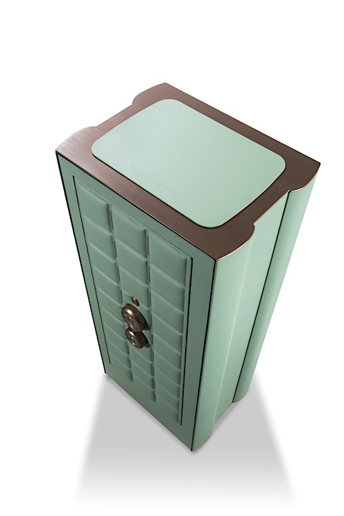 Top-down view of the BUBEN&ZORWEG ORION high-security safe in a mint green finish, featuring a quilted inner door panel and gold advanced locking mechanism. The unique design combines luxurious aesthetics with robust security features. — BUBEN&ZORWEG