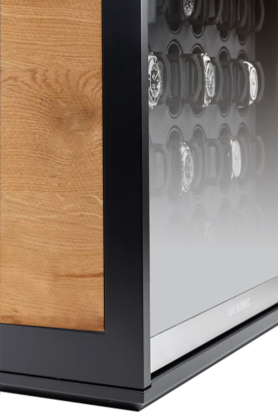 Side view of the NEO with 24 watch winders and Wild Oak panel — BUBEN&ZORWEG