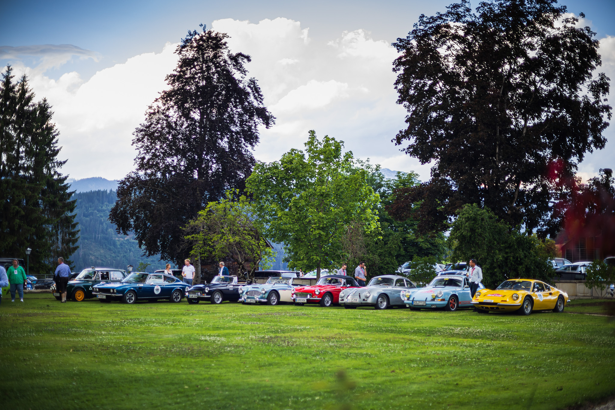 Classic cars lined up on a lawn at the Ennstal-Classic rally event — BUBEN&ZORWEG