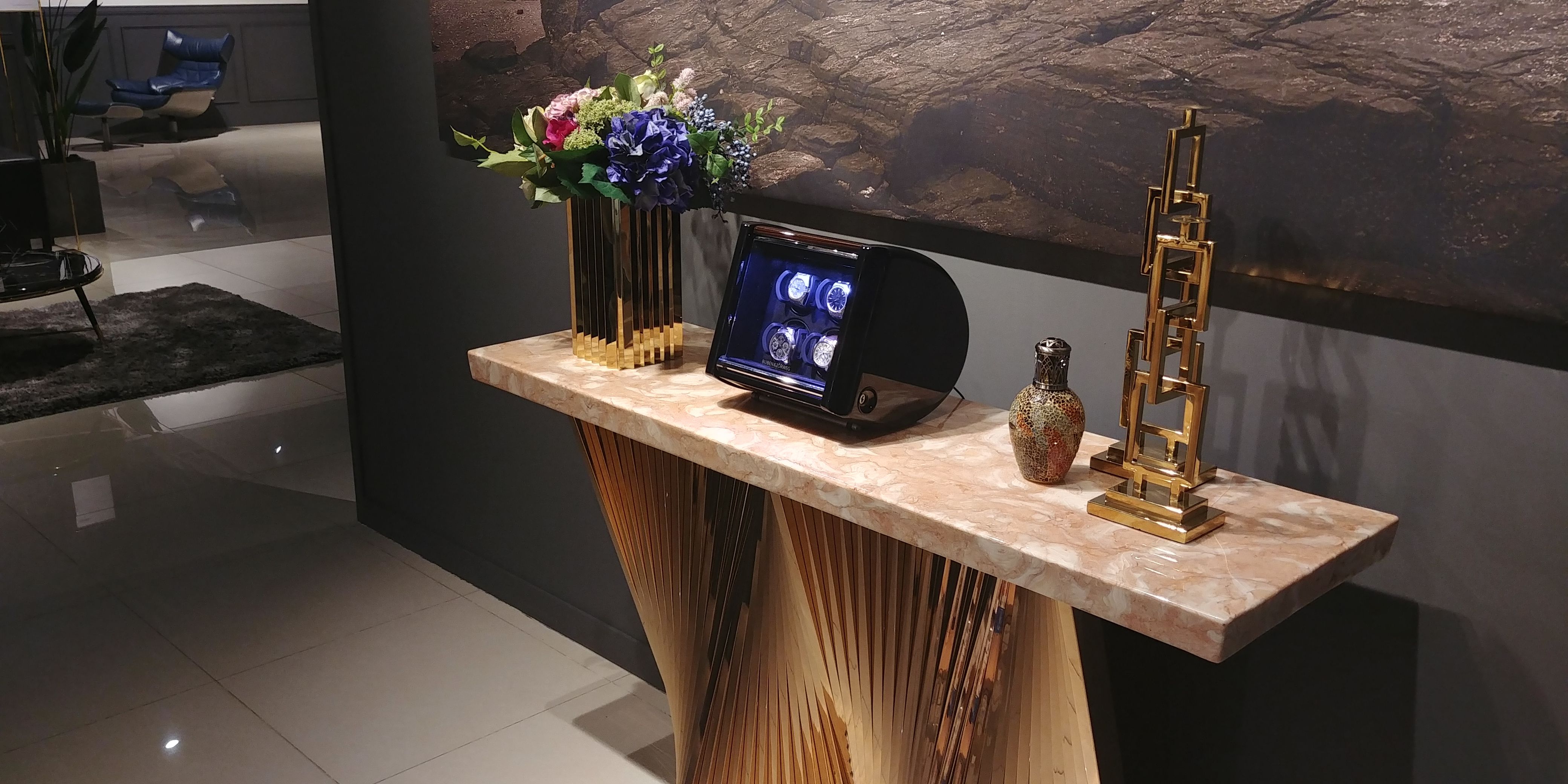Watch winder on decorative marble console table — BUBEN&ZORWEG