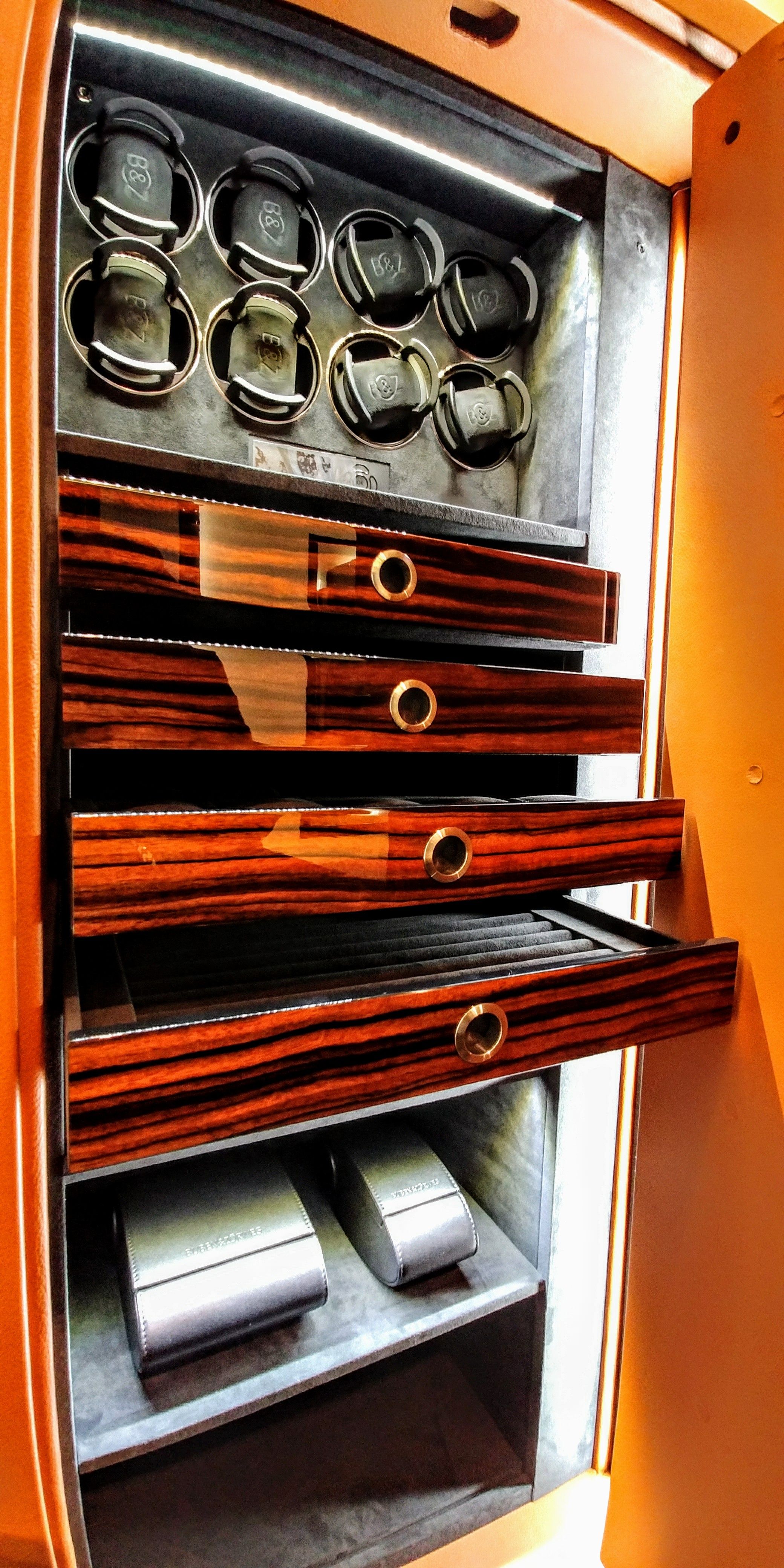 Orion safe detailed view with watch winders and storage drawers — BUBEN&ZORWEG