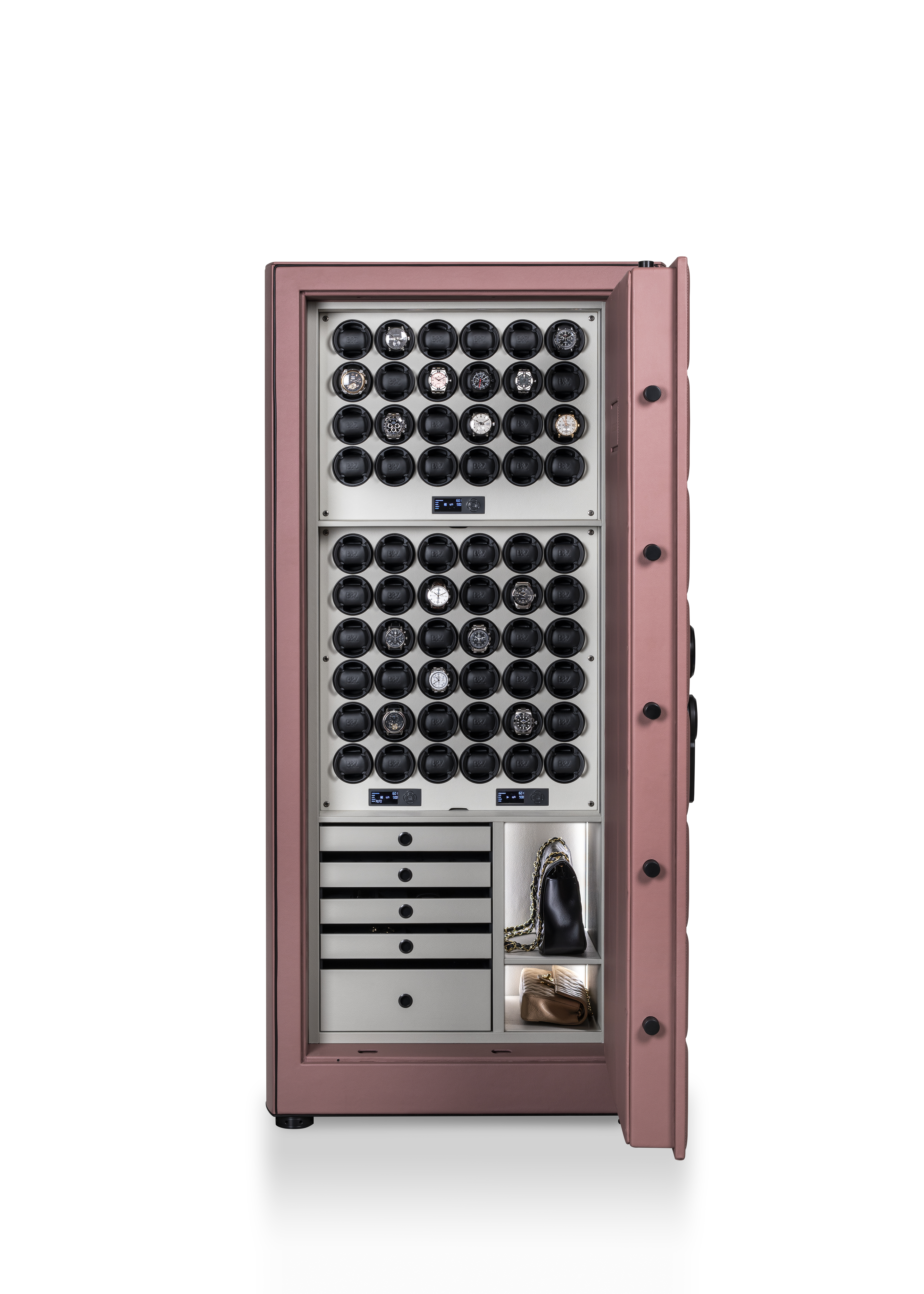 奥里昂XXL Plus高安全保险箱（深紫色）内部视图，内置手表和抽屉。 — BUBEN&ZORWEG
