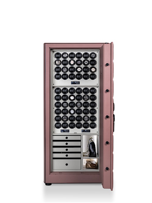 Vista interior de la caja fuerte de alta seguridad Orion XXL Plus en color malva oscuro con relojes y cajones. — BUBEN&ZORWEG