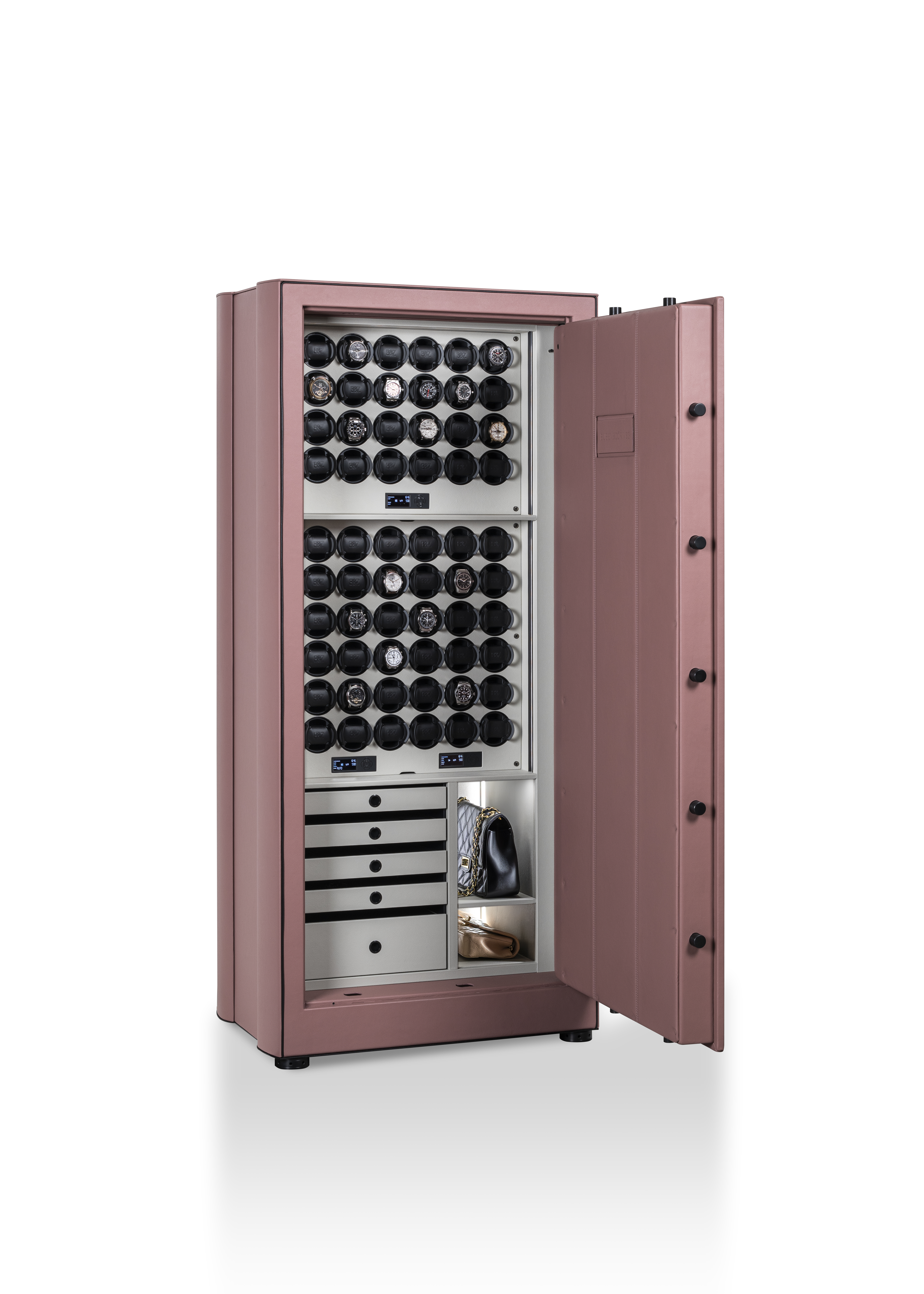 奥里昂XXL Plus高安全保险箱（深紫色）的开放式视图，展示了手表上链器和储物空间。 — BUBEN&ZORWEG