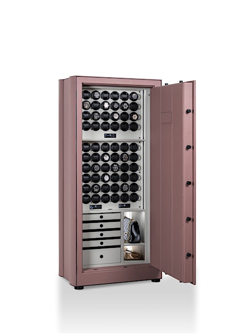 Vista abierta de la caja fuerte de alta seguridad Orion XXL Plus en color malva oscuro, mostrando los enrolladores de relojes y el espacio de almacenamiento. — BUBEN&ZORWEG