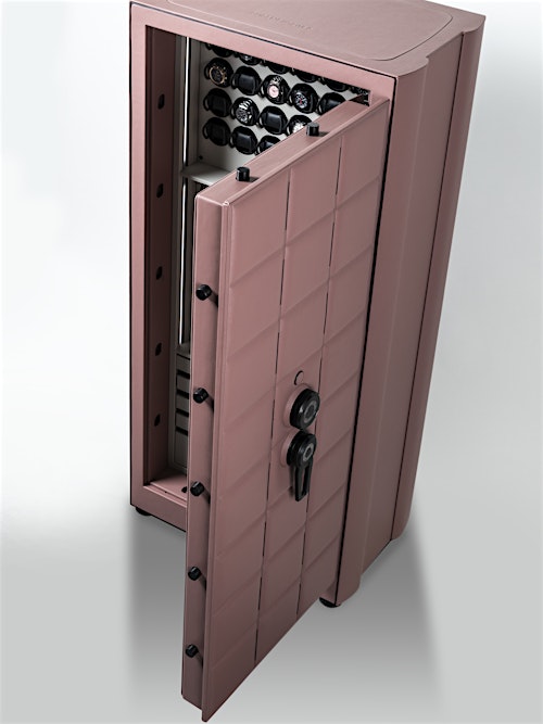 Caja fuerte de alta seguridad Deep Mauve Orion XXL Plus parcialmente abierta, mostrando los enrolladores de relojes interiores. — BUBEN&ZORWEG