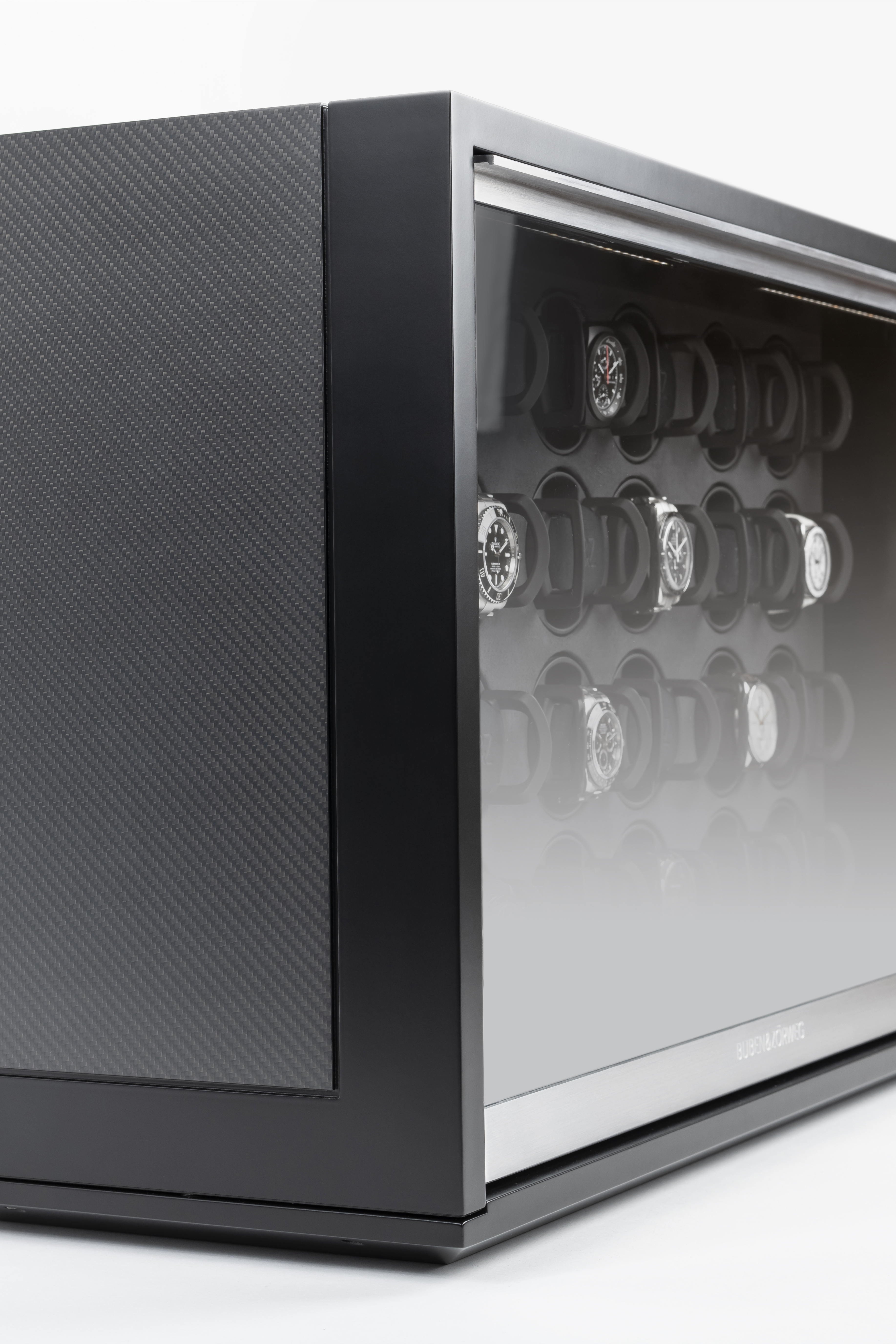 Neo 24 close-up side exposed case interior and watches — BUBEN&ZORWEG