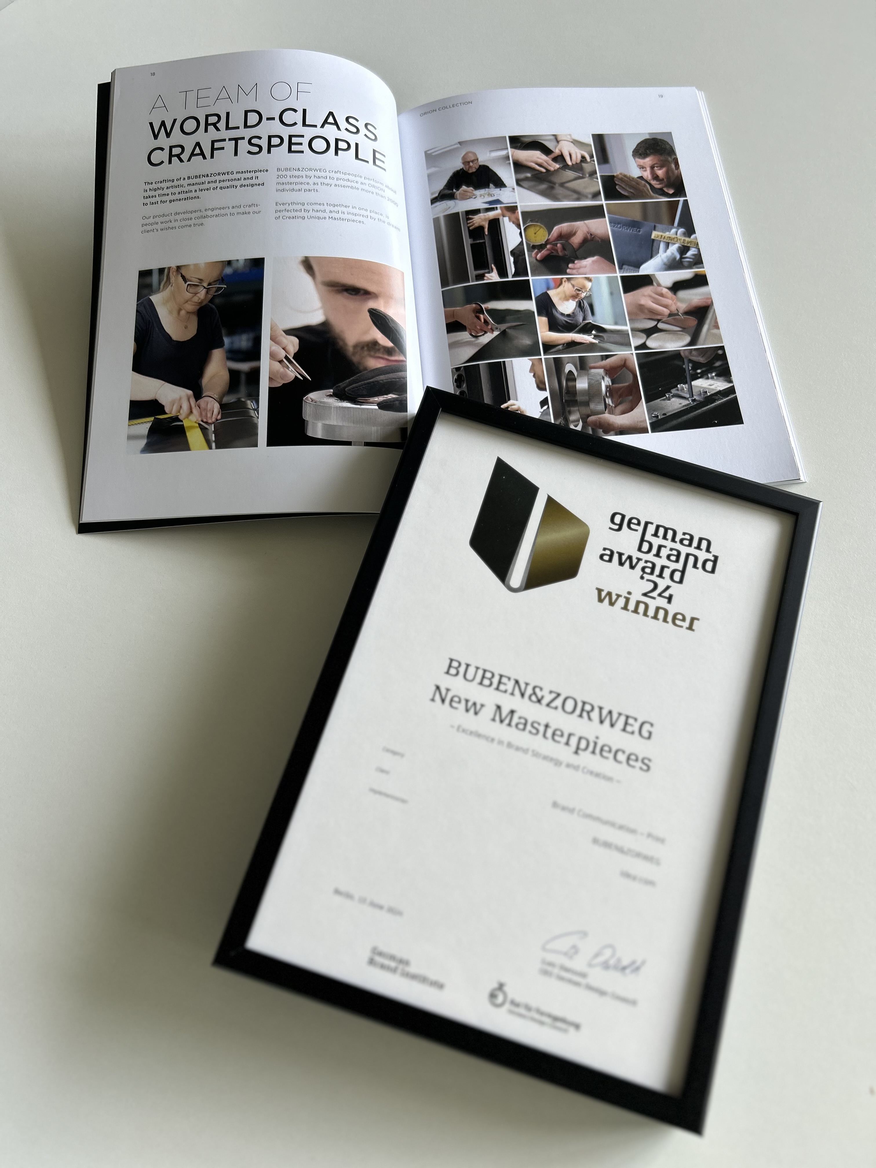 German Brand Award 2024 certificate and magazine featuring BUBEN&ZORWEG craftsmanship — BUBEN&ZORWEG