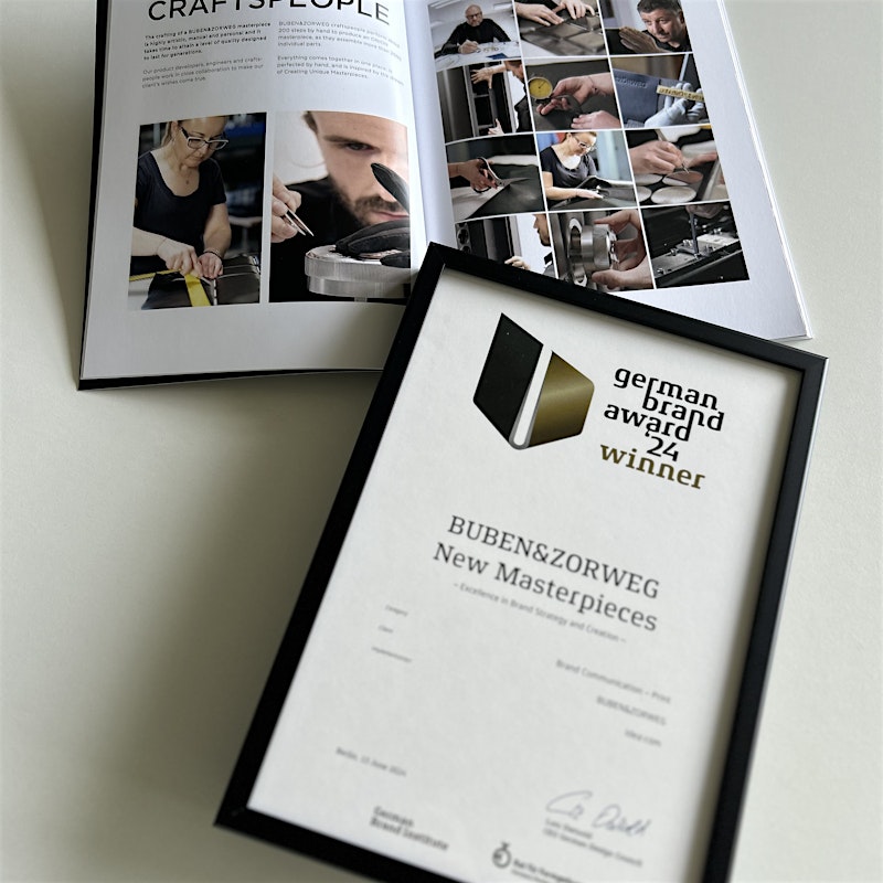 German Brand Award 2024 certificate and magazine featuring BUBEN&ZORWEG craftsmanship — BUBEN&ZORWEG