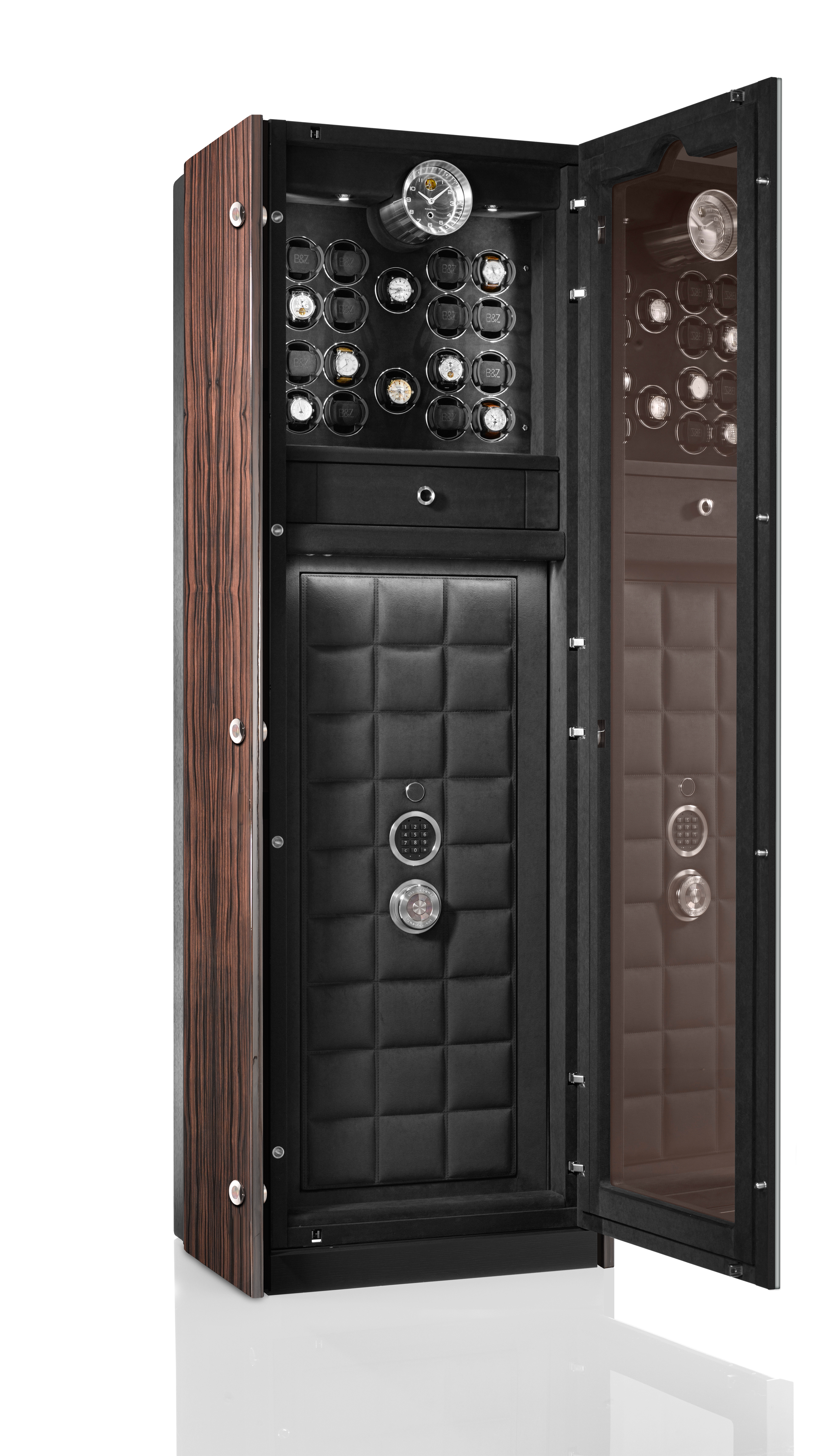 BUBEN&ZORWEG VISION 高安全性保险箱的内部，配有木质侧板、多个手表上发条器和绗缝软垫内门。 — BUBEN&ZORWEG